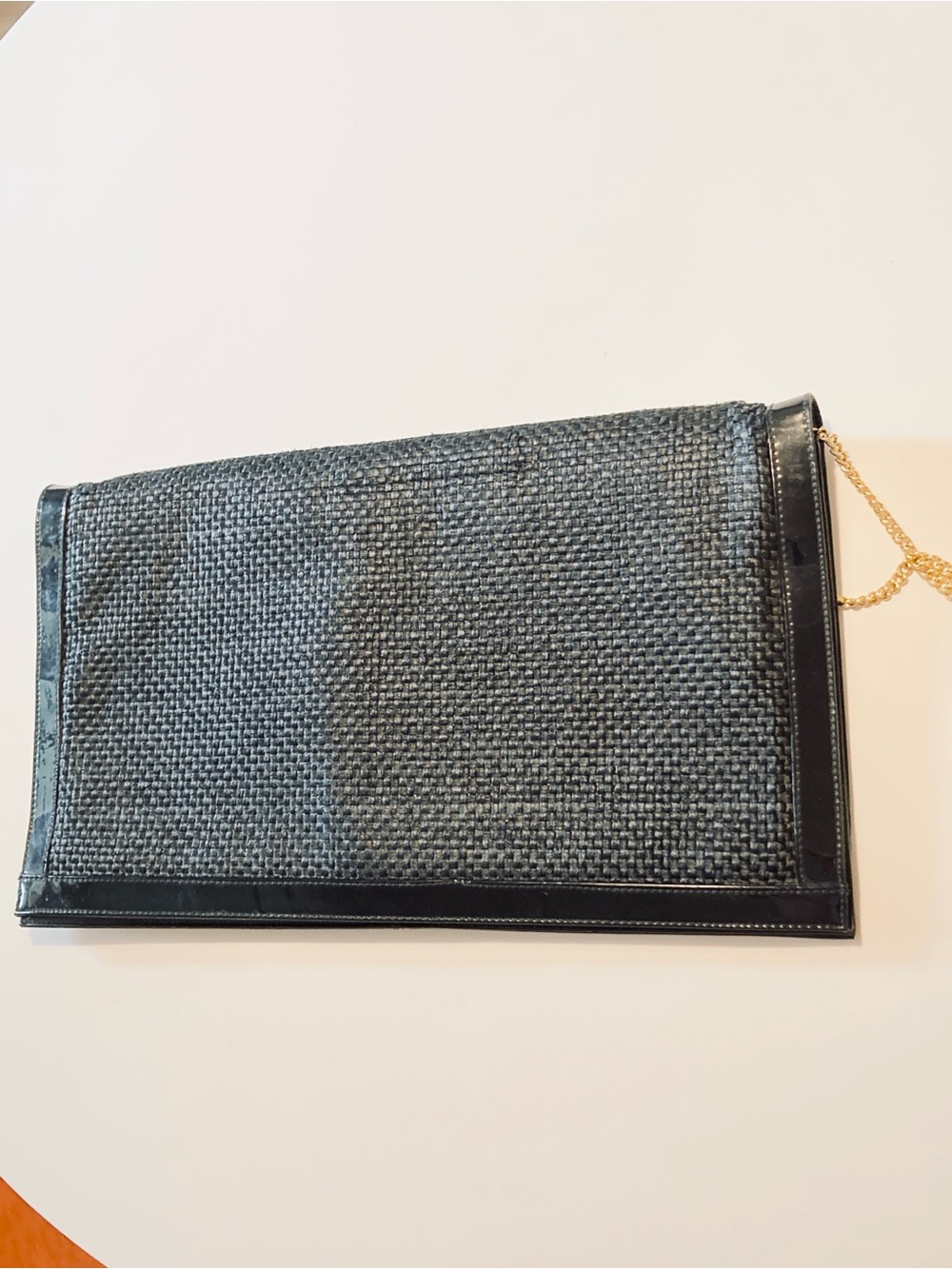 Vintage John Hort Stylish Black Woven Envelope Clutch with Gold Chain